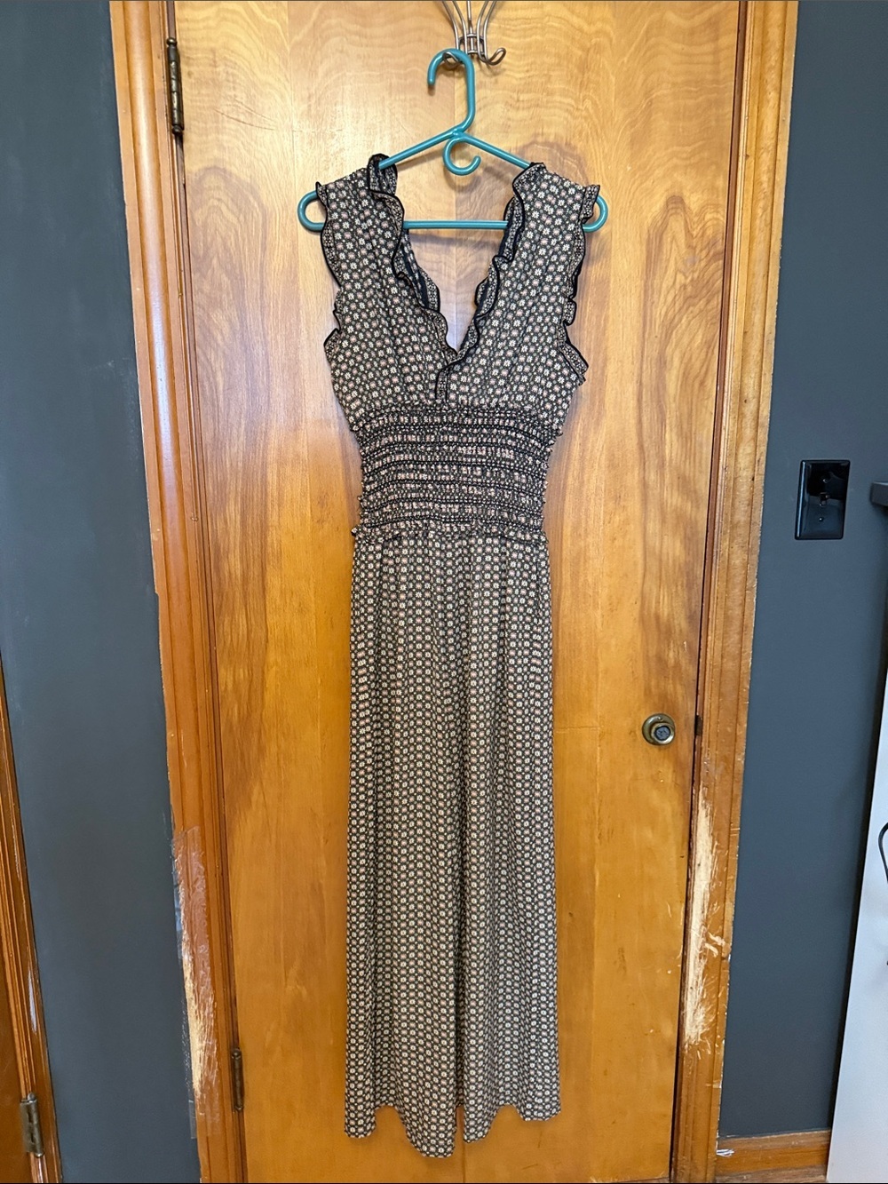 Max Studio SOLD OUT Black and Clay Smocked-Waist V-Neck Jumpsuit